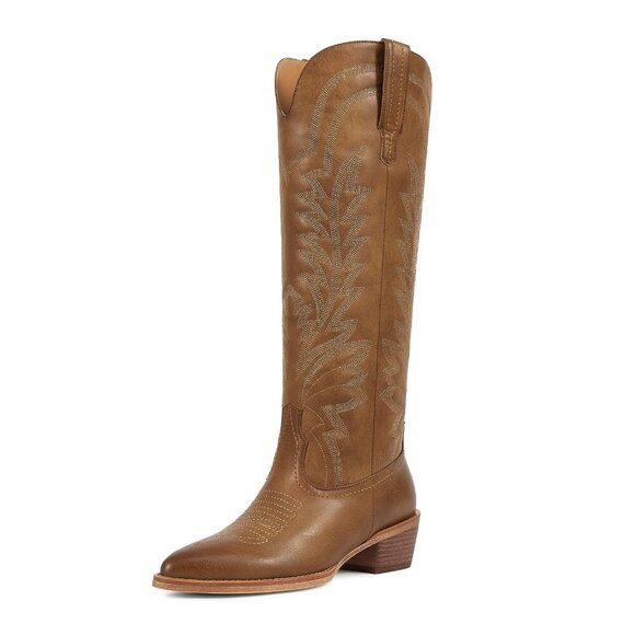 Knee High Cowboy Boots Synthetic Leather 2-Inch Heel Pull On Western